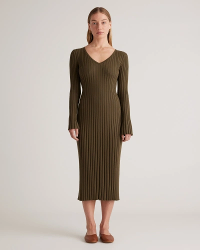 Quince Women's Cotton Cashmere Ribbed Long Sleeve V-neck Midi Dress In Olive