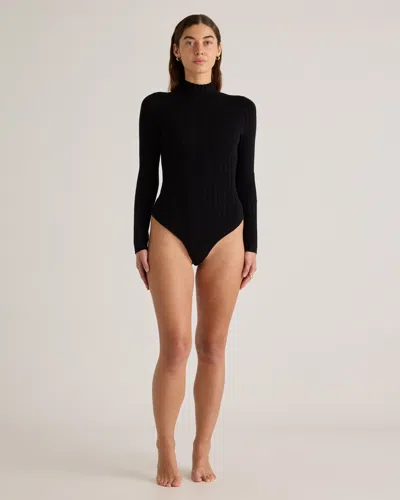 Quince Women's Cotton Cashmere Ribbed Turtleneck Bodysuit In Black