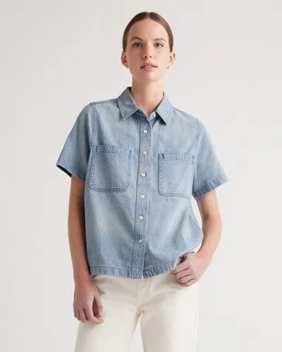 Quince Women's Distressed Denim Short Sleeve Shirt In Blue