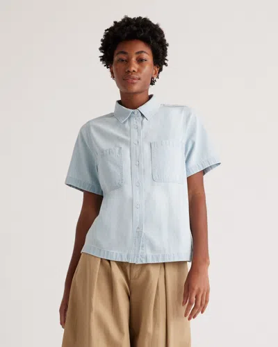 Quince Women's Distressed Denim Short Sleeve Shirt In Light Chambray