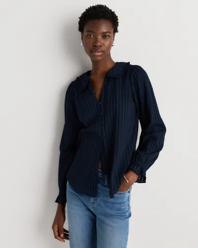 Quince Women's Embroidered Cotton Ruffle Collar Long Sleeve Blouse In Blue