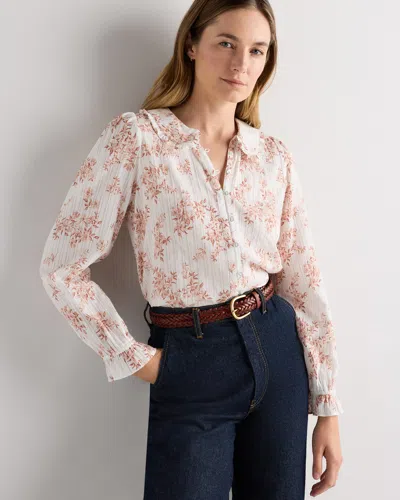 Quince Women's Embroidered Cotton Ruffle Collar Long Sleeve Blouse In White