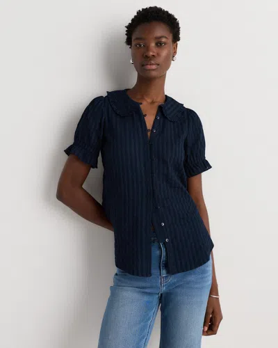 Quince Women's Embroidered Cotton Ruffle Collar Short Sleeve Blouse In Blue