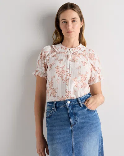 Quince Women's Embroidered Cotton Ruffle Collar Short Sleeve Blouse In White