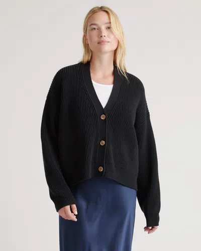 Quince Women's Fisherman Boxy Cropped Cardigan Sweater In Black