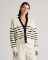 Quince Women's Fisherman Boxy Cropped Cardigan Sweater In Offwhite/black Stripe