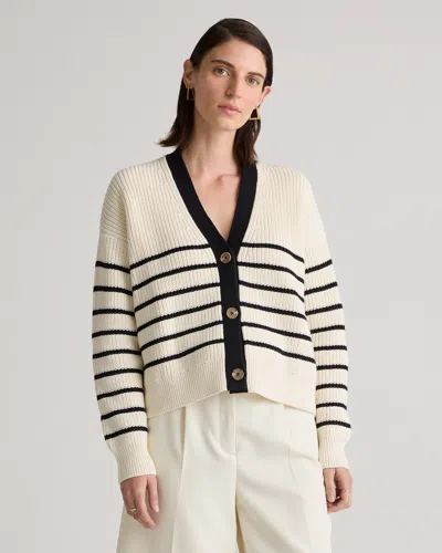 Quince Women's Fisherman Boxy Cropped Cardigan Sweater In Offwhite/black Stripe