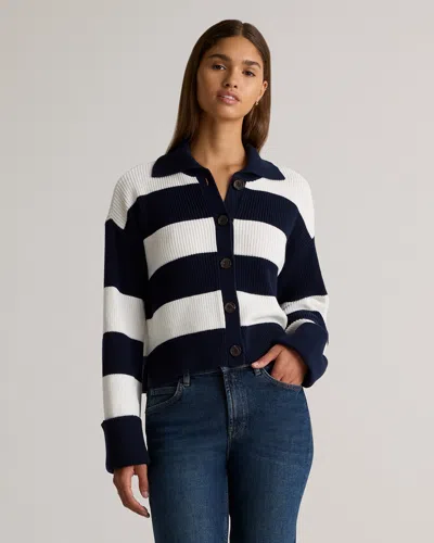 Quince Women's Fisherman Collared Cardigan Sweater In Navy/white