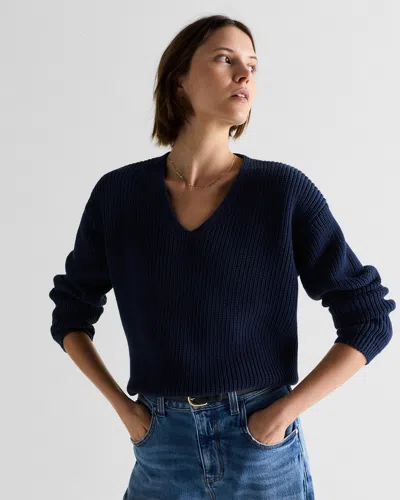 Quince Women's Fisherman V-neck Sweater In Blue