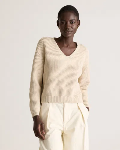 Quince Women's Fisherman V-neck Sweater In Speckled Beige