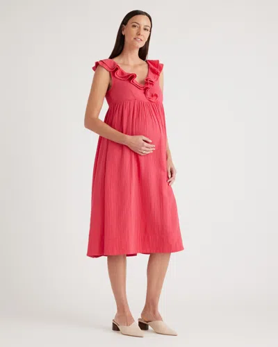 Quince Women's Gauze Maternity Ruffle Front Dress In Hot Pink
