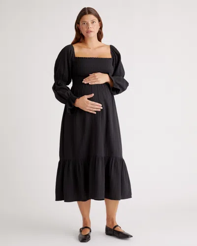 Quince Women's Gauze Maternity Smocked Ruffle Hem Midi Dress In Black