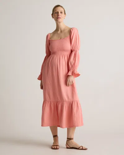 Quince Women's Gauze Maternity Smocked Ruffle Hem Midi Dress In Coral Blush