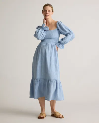 Quince Women's Gauze Maternity Smocked Ruffle Hem Midi Dress In Ocean Breeze