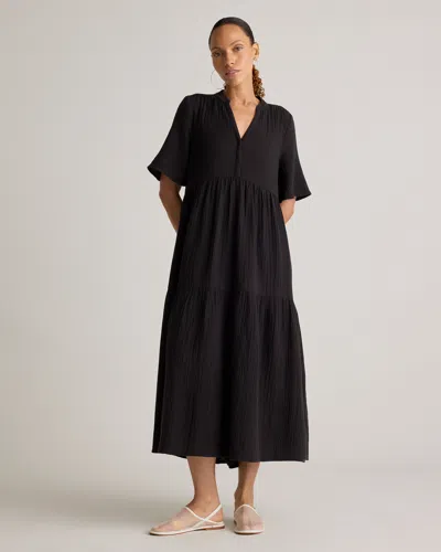 Quince Women's Gauze Split Neck Midi Dress In Black