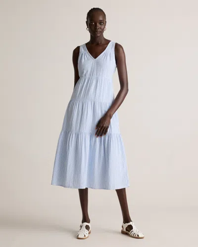 Quince Women's Gauze Tiered Maxi Dress In Bayside Stripe Blue/white