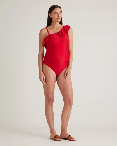 Quince Women's Italian Maternity One Shoulder Ruffle One-piece Swimsuit In Cherry