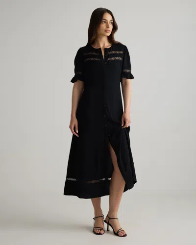 Quince Women's Lightweight Crepe Lace Inset Midi Dress In Black