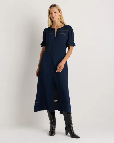 Quince Women's Lightweight Crepe Lace Inset Midi Dress In Blue