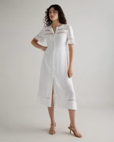 Quince Women's Lightweight Crepe Lace Inset Midi Dress In White
