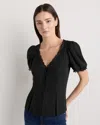 Quince Women's Lightweight Crepe Lace Puff Sleeve Blouse In Black