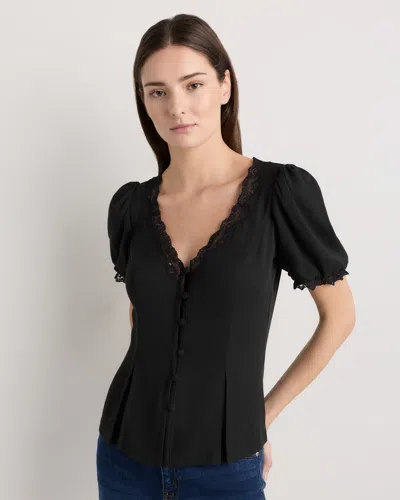 Quince Women's Lightweight Crepe Lace Puff Sleeve Blouse In Black