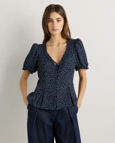 Quince Women's Lightweight Crepe Lace Puff Sleeve Blouse In Blue