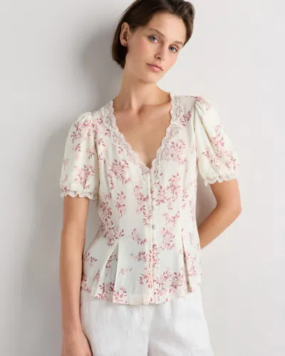 Quince Women's Lightweight Crepe Lace Puff Sleeve Blouse In Neutral