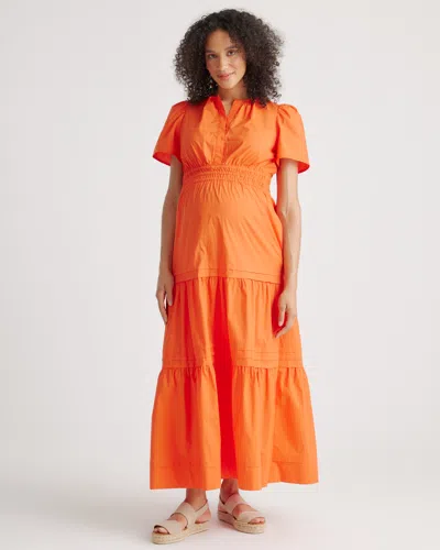 Quince Women's Poplin Maternity Tiered Maxi Dress In Vermilion Red