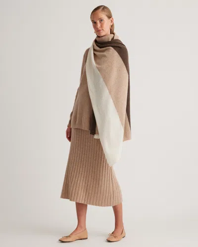 Quince Women's Mongolian Cashmere Colorblock Wrap In Heather Brown/oatmeal/ivory