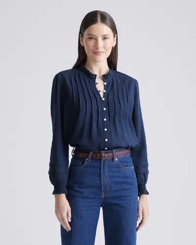 Quince Women's Organic Textured Cotton Peasant Blouse In Navy