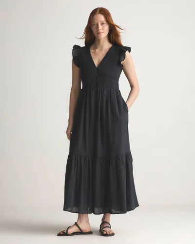Quince Women's Organic Textured Cotton Smocked V-neck Midi Dress In Black