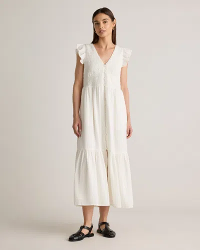 Quince Women's Organic Textured Cotton Smocked V-neck Midi Dress In White