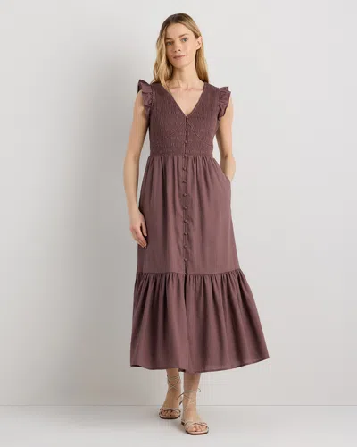 Quince Women's Organic Textured Cotton Smocked V-neck Midi Dress In Brown