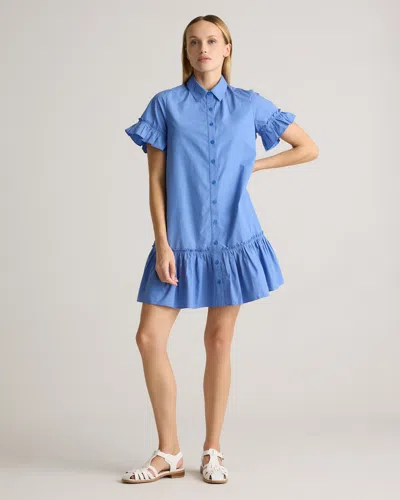 Quince Women's Poplin Short Sleeve Ruffle Shirt Dress In True Blue