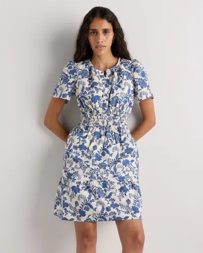 Quince Women's Poplin Tiered Mini Dress In Riviera Blue Heirloom Floral