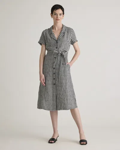 Quince Women's 100% European Linen Button Front Dress In Khaki / Black Gingham