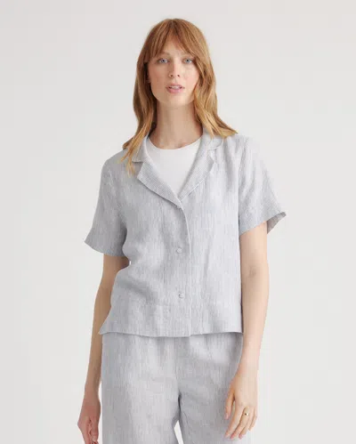 Quince Women's 100% European Linen Short Sleeve Shirt In Blue Pinstripe