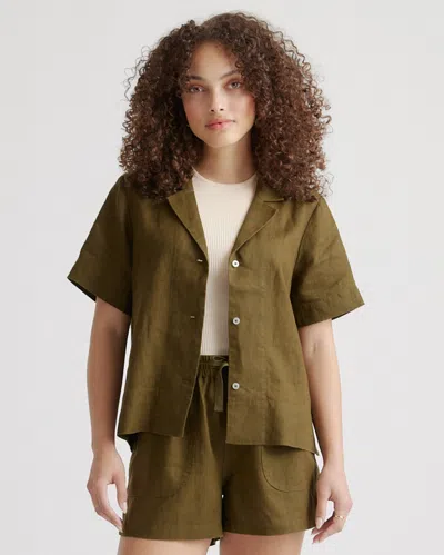 Quince Women's 100% European Linen Short Sleeve Shirt In Martini Olive