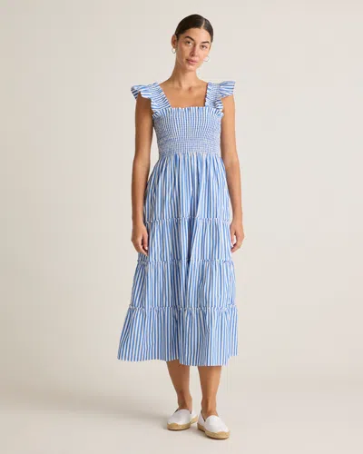 Quince Women's Poplin Smocked Midi Dress In Azure Stripe