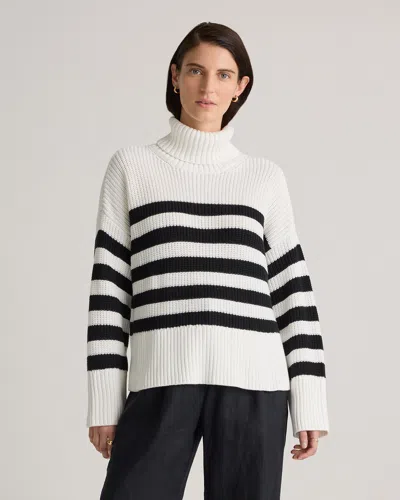 Quince Women's Split Hem Turtleneck Sweater In Ivory/black Stripe