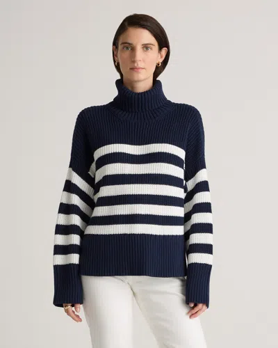 Quince Women's Split Hem Turtleneck Sweater In Navy/white