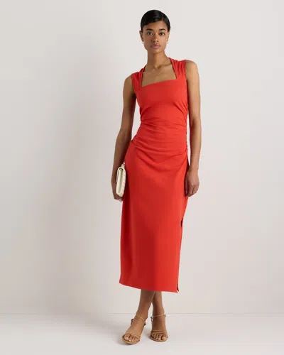 Quince Women's Stretch Cotton Jersey Square Neck Ruched Midi Dress In Red