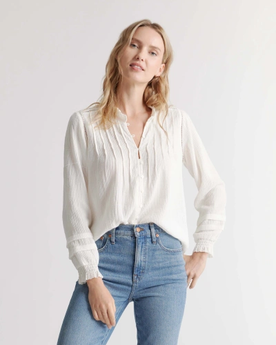 Quince Women's Organic Textured Cotton Peasant Blouse In White