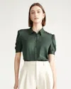 Quince Women's Washable Stretch Silk Puff Sleeve Blouse In Forest Green