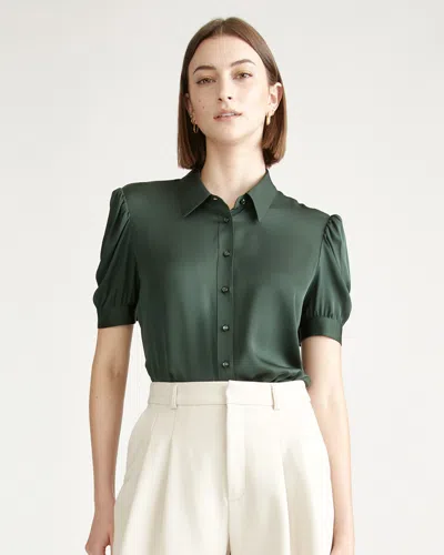 Quince Women's Washable Stretch Silk Puff Sleeve Blouse In Forest Green