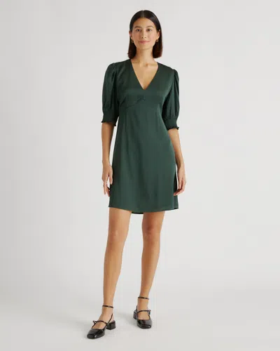 Quince Women's Washable Stretch Silk Puff Sleeve Mini Dress In Forest Green