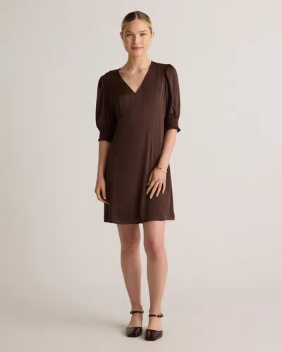 Quince Women's Washable Stretch Silk Puff Sleeve Mini Dress In Hot Fudge
