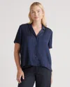 Quince Women's Washable Stretch Silk Short Sleeve Notch Collar Blouse In Navy