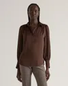 Quince Women's Washable Stretch Silk Split Neck Blouse In Hot Fudge